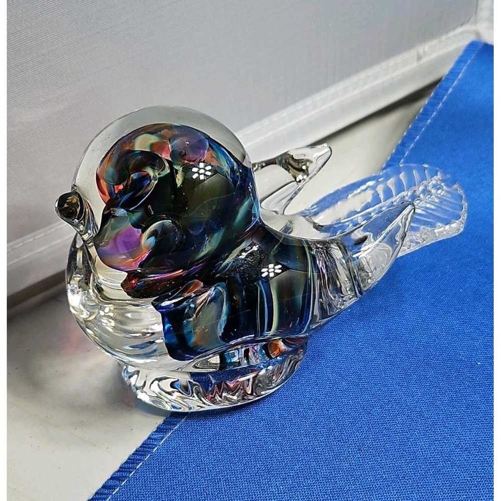 Joe St Clair Bird of Happiness Paperweight Iridescent Art Glass Vintage 4.5"
